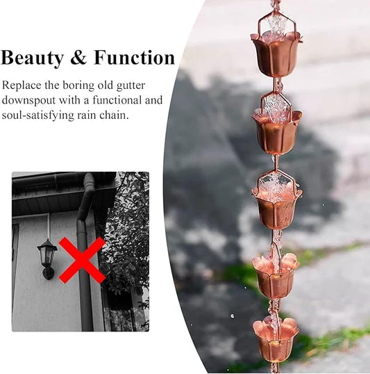 Elegant Copper Rain Chain Large Cup, Replacement Downspout for Gutters, Outside Rainwater Catcher Diverter for Villa/Deck/Pergola (Style a 4.5m (14.8ft))