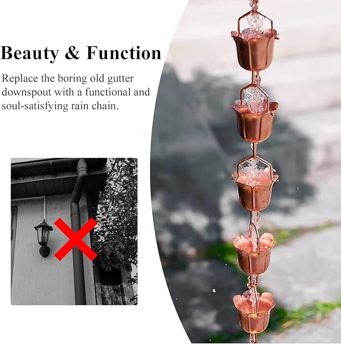 Elegant Copper Rain Chain Large Cup, Replacement Downspout for Gutters, Outside Rainwater Catcher Diverter for Villa/Deck/Pergola (Style C 3m (10ft))