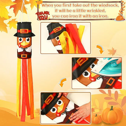 NOVWANG 2 Pcs 40 Inch Turkey Windsocks, Fall Turkey Wind Sock Thanksgiving Outdoor Hanging Flag Autumn Outside Decorations for Garden Lawn Yard Balcony Patio Decor