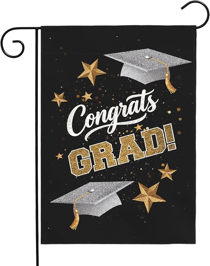 Congrats Grad Garden Flag Graduation Yard Flags Class of 2025 College Graduations Double Sided Graduational Cap Stars Black Gold House Banner for Lawn Porch Patio Yard Party Decor 12 x18 Inch