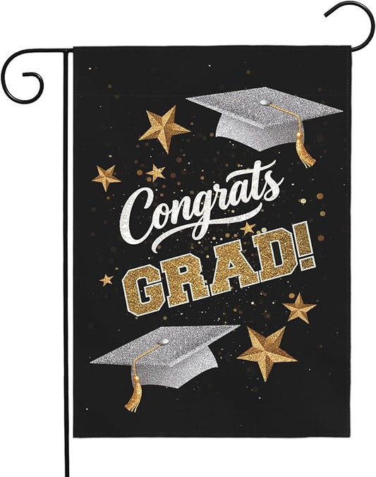 Congrats Grad Garden Flag Graduation Yard Flags Class of 2025 College Graduations Double Sided Graduational Cap Stars Black Gold House Banner for Lawn Porch Patio Yard Party Decor 12 x18 Inch