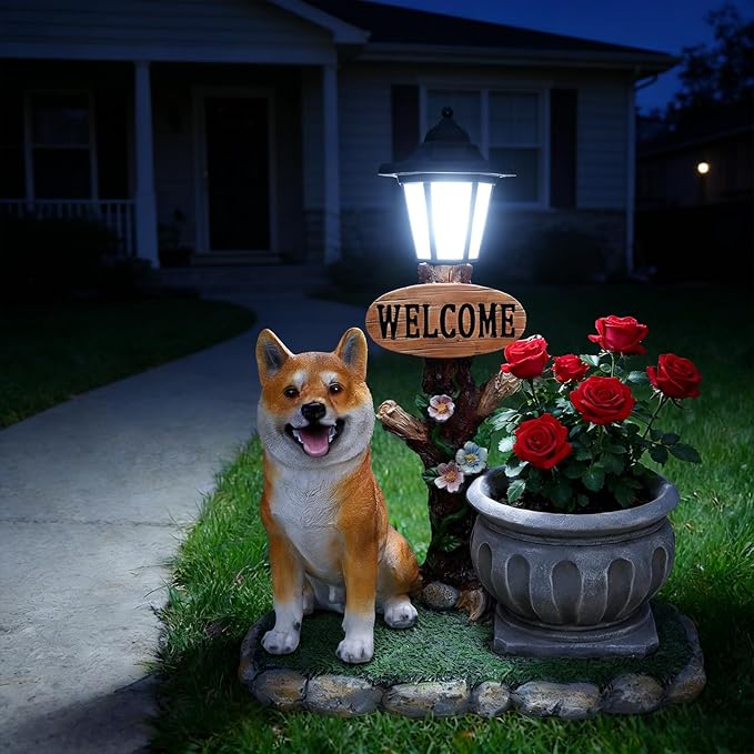 20" Solar Akita Garden Statue with Welcome Sign & Planter - Large Dog Sculpture with LED Street Lantern - Weatherproof Resin Decorative Flower Pot for Porch, Yard & Patio - Pet Lover Gift