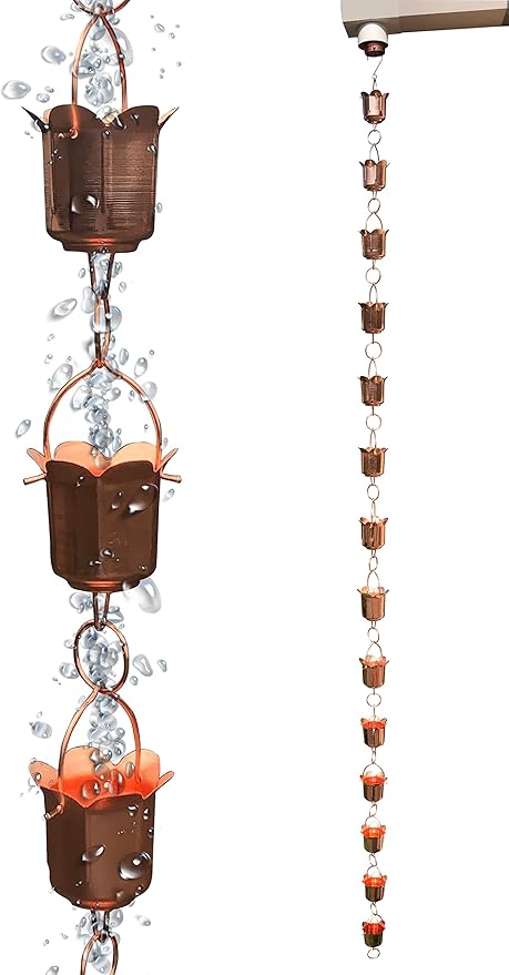 Rain Chains - Pure Copper Tulip Rain Chains for Downspouts. 8.5 Feet Length. Free Gutter Adapter. Windchime and Fountains on Rainy Days.