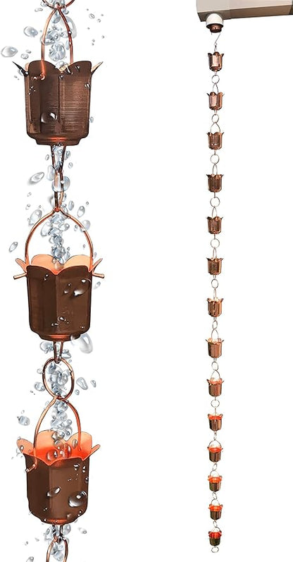 Rain Chains - Pure Copper Tulip Rain Chains for Downspouts. 8.5 Feet Length. Free Gutter Adapter. Windchime and Fountains on Rainy Days.