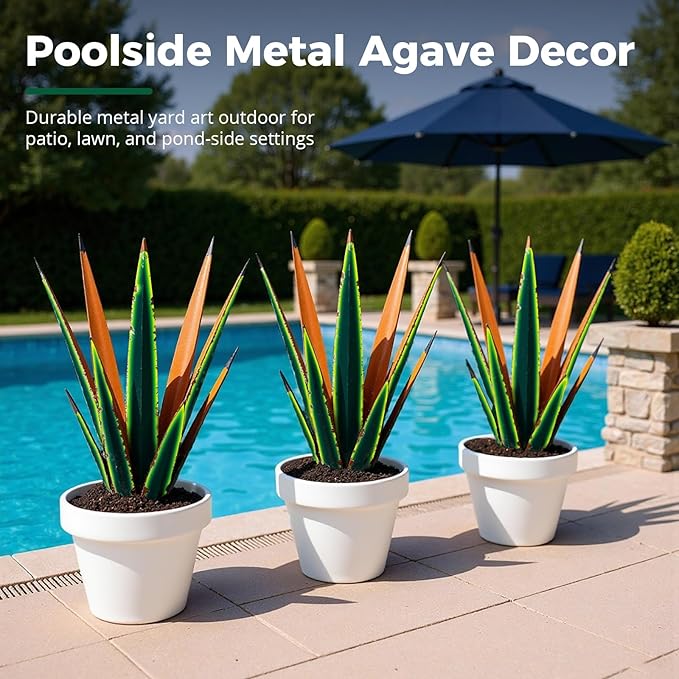 KODIBO 24” Large Metal Agave Plants Outdoor Decor, Vintage Green Tequila Rustic Sculpture Outdoor Statues, Agave Metal Plants for Yard Garden Lawn Ornaments，Artisan Metal Agave Landscape Decor