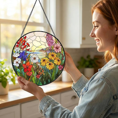 Stained Glass Sun Catcher Window Hanging - Wildflowers Green Plants Design, Indoor Decor Gifts for Mother's Day, Birthday, Christmas - Perfect for Women, Men, Mom Home Window Decor(Wildflowers) 7.8in