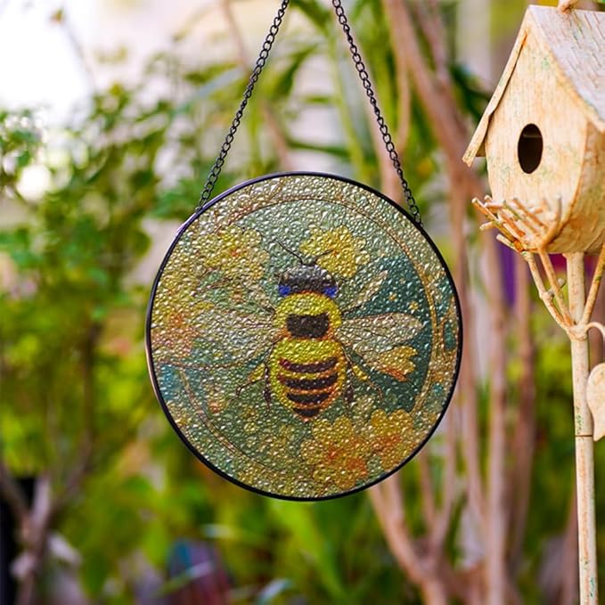 Bee Stained Glass Window Hanging, Bee Sun Catchers Indoor Window Hanging, Fall Decorations for Home, Garden, Birthday Gifts