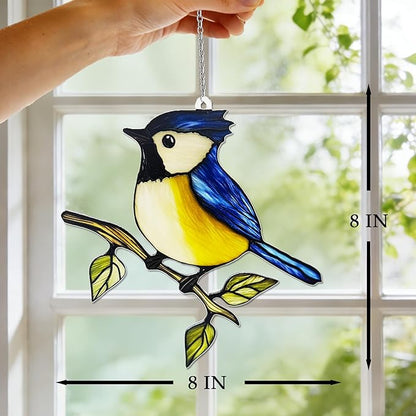 Birds on a Branch Stained Glass, Robin Bird Suncatchers Windows, Bird Suncatcher for Patio/Mom/Window (Blue)