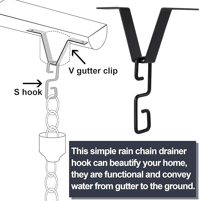 Pndeyo 2 Sets Rain Chain Clip Gutters Adapter, V Type Rain Chimes Connector Holder, Alloy Gutter Clip Hook Hanger Outside Hardware for Rain Catcher Rain Diverter Downspout- Black