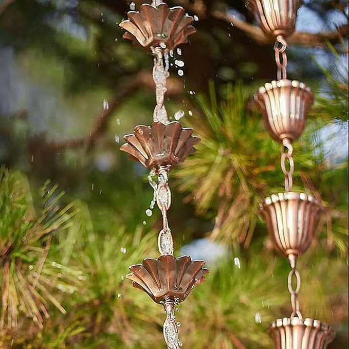 Copper Plated Rain Chain for Outside Downspouts,Adjustable Rain Catcher Chain for Eaves Drainage,Decorative Metal Hanging Flower Spiral Rain Bells(B)