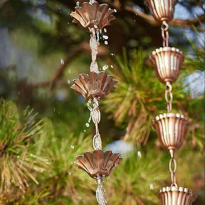 Copper Plated Rain Chain for Outside Downspouts,Adjustable Rain Catcher Chain for Eaves Drainage,Decorative Metal Hanging Flower Spiral Rain Bells(B)