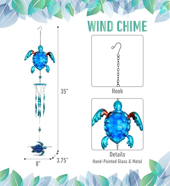 CoTa Global Blue Sea Turtle Wind Chime - Handcrafted Glass and Metal Chime - Hanging Sea Turtle Decoration for Indoor and Outdoor Spaces, Hanging Ocean Animal Windchime Decor Gift - 35 Inches