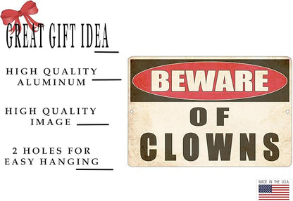 Rogue River Tactical Funny Sarcastic Metal Tin Sign, 12x8 Inch, Wall Décor- Man Cave Bar Yard Wall Warning Beware of Clowns