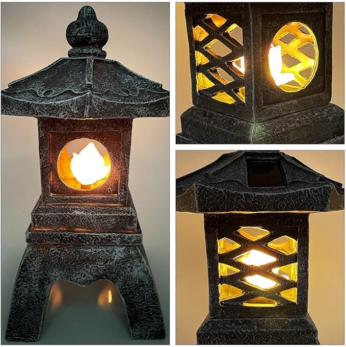 13 Inch Solar Pagoda Lantern Outdoor Statue, Pagoda Sculpture with Solar Lotus Light Asian Decor Zen Garden Art Japanese Temple Pagoda Lamp for Patio Yard Lawn Home Decorations Ornament Gift