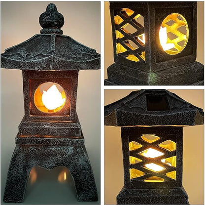 13 Inch Solar Pagoda Lantern Outdoor Statue, Pagoda Sculpture with Solar Lotus Light Asian Decor Zen Garden Art Japanese Temple Pagoda Lamp for Patio Yard Lawn Home Decorations Ornament Gift