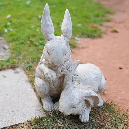 Garden-Statues - Easter Bunny Decor - Rabbit Figurine - Collectible Figurine - Spring 2 Nestled Bunny Sulpture Cream Rabbit for Easter Yard Framhouse Outdoor Décor 9*8.25*11.5 inch Newman House Studio