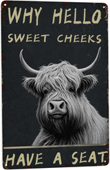 Vintage Bathroom Wall Art - Funny Highland Cattle Metal Tin Sign for Cow Lovers - Boho Retro Decor Gift 8x12 Inch Poster for Bathroom, Garden or Home 'Why Hello Sweet Cheeks Have A Seat' Accessory