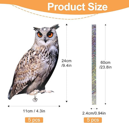 5 Pack Owl Scare Reflective Hanging Owl Decoration, Effective Animal Control Device to Scare Pigeons and Woodpeckers Away from Patio and Garden