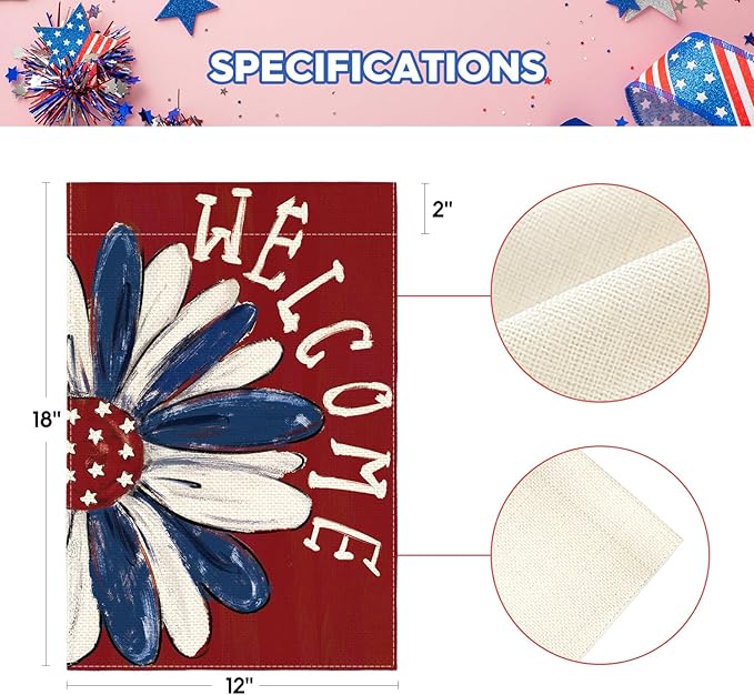 AVOIN colorlife Patriotic 4th of July Garden Flag 12x18 Inch Double Sided Outside, Memorial Day Red Floral Welcome Daisy Yard Outdoor Decoration