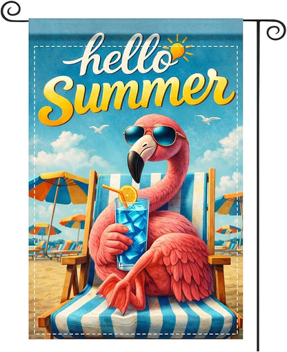 Nuxovilar Summer Garden Flag Hello Summer Flamingo Sunglasses Beach Pattern Polyester 12x18 Inches Garden Flags for Outside Coastal Decor Yard Porch Patio