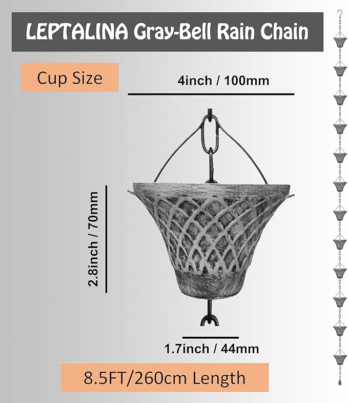 8.5FT Bell Iron Rain Chains for Gutter and Rain Barrel, Rust-Resistant Plated Garden Décor for Downspout, Bonus Rain Chain Gutter Adapter (Antique-Gray)