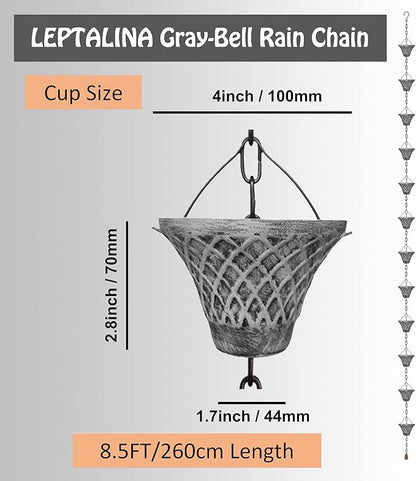 8.5FT Bell Iron Rain Chains for Gutter and Rain Barrel, Rust-Resistant Plated Garden Décor for Downspout, Bonus Rain Chain Gutter Adapter (Antique-Gray)