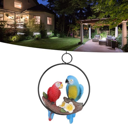 Handcrafted Hanging Parrot Sculpture - Durable Resin Swing Birds with Iron Ring for Garden & Home Décor, Weather-Resistant Red/Blue Parrot Statue for Tree, Patio, Balcony (Indoor/Outdoor Use)