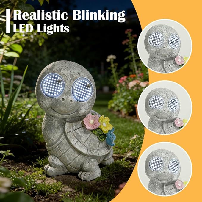 Outdoor Solar Garden Statue, Dynamic LED Light with Flower Sculpture, Art Decor for Patio Porch Lawn Backyard, Housewarming Gifts for Women (Stone Turtle)