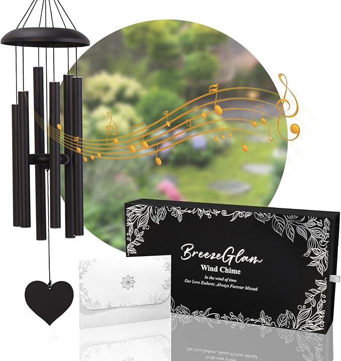 32" Deep Tone Wind Chimes for Outside, Tuned C Major Aluminum Wind Chime with Gift Envelope, Sympathy Memorial Wind Chime for Garden Patio Porch Decor, Heart Design, Black