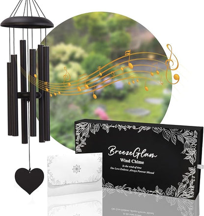 32" Deep Tone Wind Chimes for Outside, Tuned C Major Aluminum Wind Chime with Gift Envelope, Sympathy Memorial Wind Chime for Garden Patio Porch Decor, Heart Design, Black
