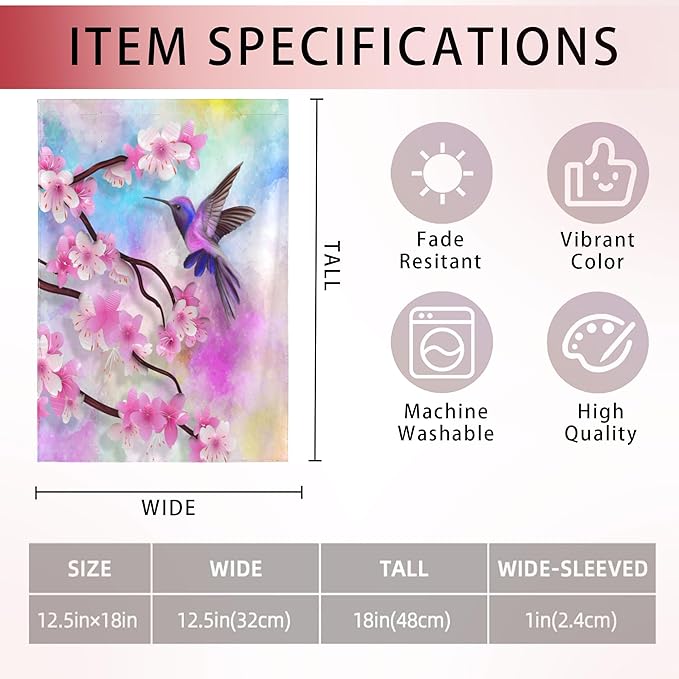 Spring Hummingbird Garden Flags 12x18 Double Sided, Small Cherry Blossoms Yard Flag for Farmhouse Front Porch Lawn Outdoor Holiday Decor