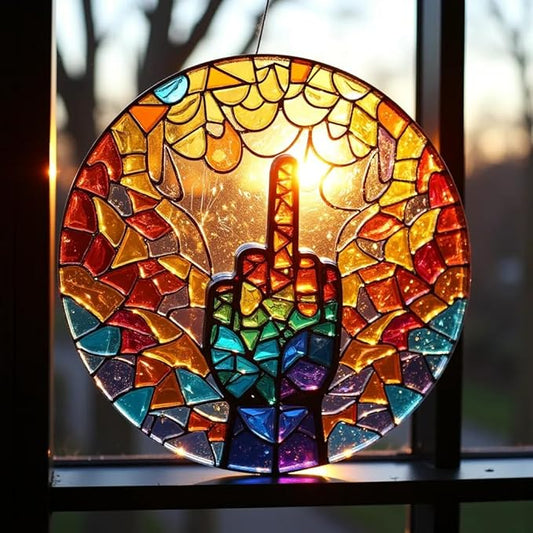 Middle Finger Suncatcher Color Stained Glass Window Hanging, Handmade Acrylic Funny Light Sun Catcher Indoor Outdoor Wall Hanger Ornament, Hand-Painted Glass Panel Decor for Home Office (C)