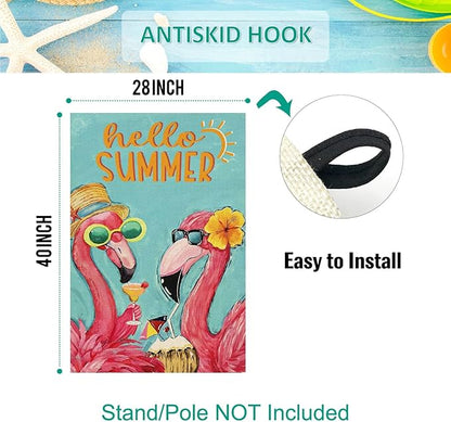 Baccessor Pink Flamingo Hello Summer House Flag Double Sided 28x40 Inch Tropical Beach Summer Welcome Yard Flag Burlap Seasonal Farmhouse Outside Outdoor Decoration
