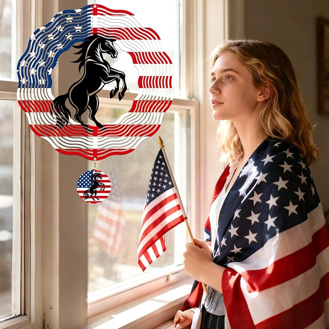Horse Wind Spinners Outdoor - Horse Gifts for Men Women, American Flag Wind Chime for Outside, Hanging Metal Wind Sculptures for Garden Indoor Patio Lawn Yard, Veterans Day