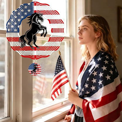 Horse Wind Spinners Outdoor - Horse Gifts for Men Women, American Flag Wind Chime for Outside, Hanging Metal Wind Sculptures for Garden Indoor Patio Lawn Yard, Veterans Day