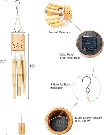 Bamboo Wind Chimes for Outside with Solar Accent Light, Outdoor Wooden Wind Chimes, 6 Bamboo Tubes, Deep Tone, Perfect for Patio, Garden, Porch, and Balcony Decor