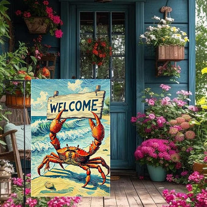 Welcome Crab Garden Flag Spring Summer Grden Flags Vertical Double Sided Small Burlap beach Patio Lawn Holiday Yard Outdoor Decorations 12x18 Inch