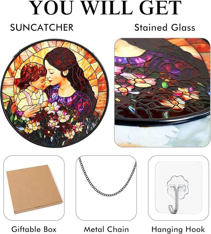 Mom Stained Glass Window Hanging Suncatcher 7.8 Inch Sun Catcher Colorful Glass Panel Gift for Mom Sun Catcher Wall Art Home Decoration for Birthday Garden Window Home