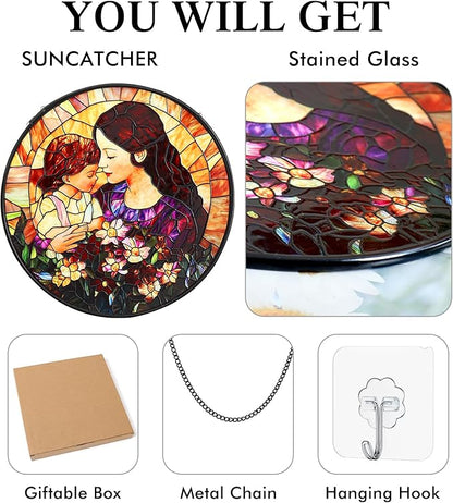 Mom Stained Glass Window Hanging Suncatcher 7.8 Inch Sun Catcher Colorful Glass Panel Gift for Mom Sun Catcher Wall Art Home Decoration for Birthday Garden Window Home