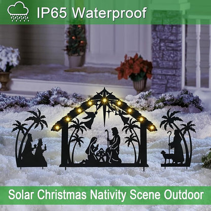 Solar Nativity Scene Outdoor,3Pack Lighted Outdoor Christmas Decorations,Metal Silhouette Nativity Set Outside for Yard Garden Stake
