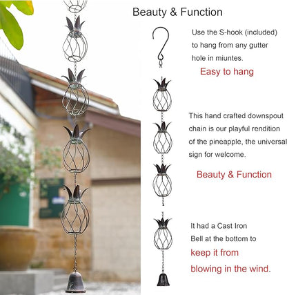 Metal Pineapple Heavy Duty Rain Chain for Heavy Rain, Functional and Decorative Replacement Downspout Chain for Outside, Rain Catcher Chain for Gutters, 8.5FT
