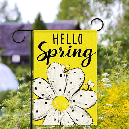 Hello Spring Garden Flags for Outside,Bee Daisy Spring Garden Flag Yard Lawn Porch Flags for Outdoor Decorations 12x18 Inch Double Sided