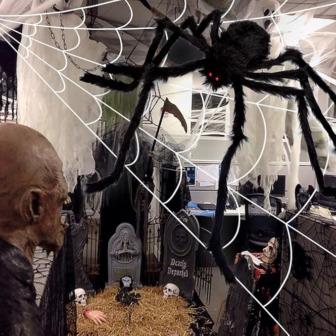 OCATO 200" Halloween Spider Web + 59" Giant Spider Decorations, Fake Spiders with Triangular Huge Spider Web, Indoor/Outdoor/Halloween Decorations/Yard/Home/Costumes Parties/Haunted House Decor, Black