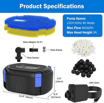 AquaMiracle Pond Waterfall Kit with Lights | 12" Stainless Steel Waterfall Spillway & 850GPH Water Pump | 4-Stage Filtration | Remote Control LED | for Pond, Pool, Backyard | for 500-750 Gal Water