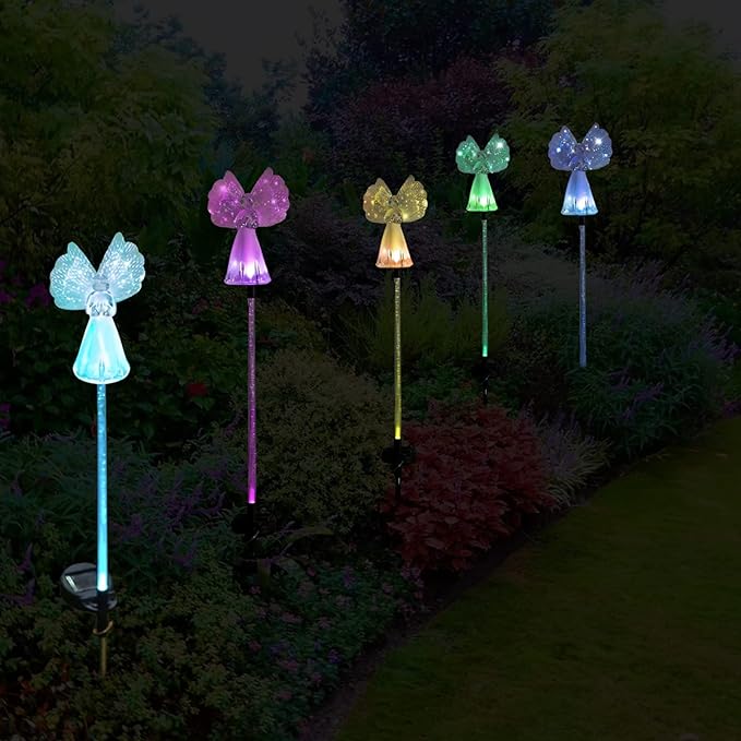 Outdoor Solar Garden Lights,2 Pack Solar Angel Decorative Lights, IP67 Waterproof Color Changing LED Solar Outdoor Lights,Solar Stake Lights for Cemetery Grave Garden Patio Yard Lawn Decoration