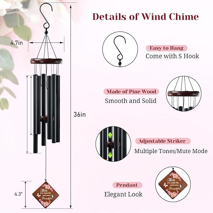Wind Chimes for Mom, 36" Memorial Wind Chimes for Loss of Mother, Bereavement Sympathy Gifts in Memory of Women, Outdoor Gifts Garden/Patio Decor for