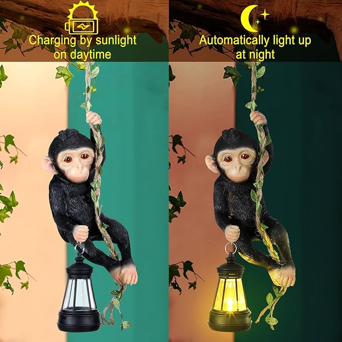 Rossesay Solar Light Outdoor Monkey Statues Black 7.48 Inch Resin Chimpanzee Baby Monkey Climbing on Vine with LED Lantern Waterproof Hanging Figurine with Hook for Yard Garden Wall