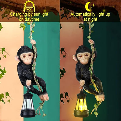 Rossesay Solar Light Outdoor Monkey Statues Black 7.48 Inch Resin Chimpanzee Baby Monkey Climbing on Vine with LED Lantern Waterproof Hanging Figurine with Hook for Yard Garden Wall