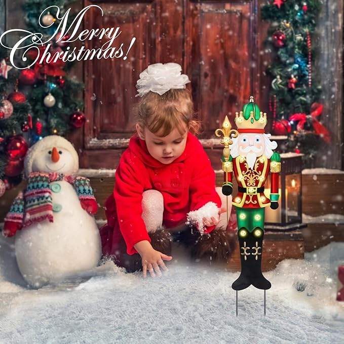 WONDER GARDEN Outdoor Nutcracker Christmas Yard Stakes, Metal Yard Signs, Led Light Soldier King Christmas Yard Decorations for Lawn Party Decorations