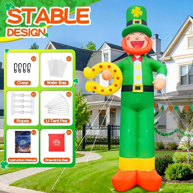 12Ft Giant St Patricks Day Inflatable Leprechaun with Horseshoes St Patricks Blow Up Inflatable Yard Decorations St Patricks Day Blow Up for Outdoor Garden Lawn Party(with Drawstring Bag)